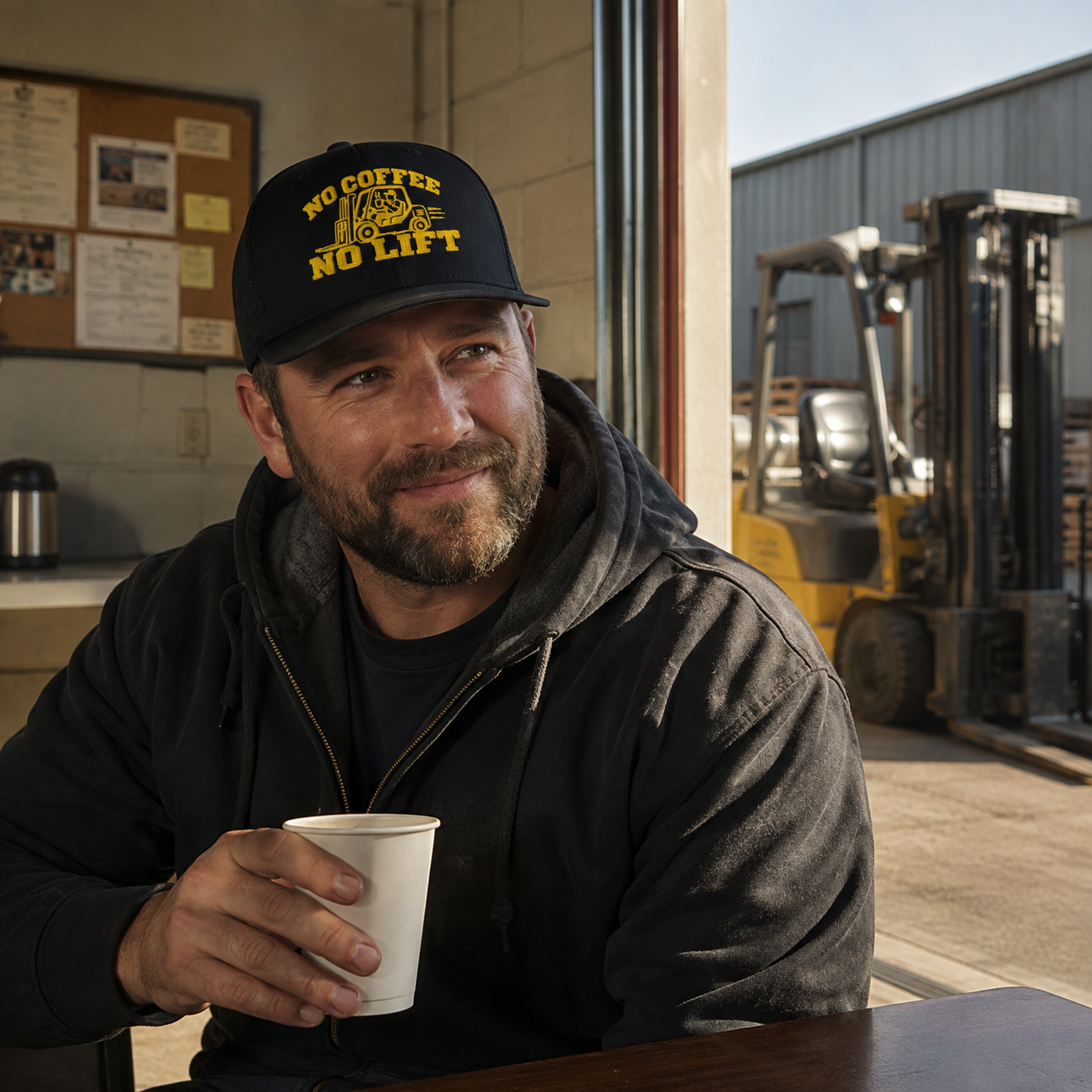 No Coffee No Lift embroidered forklift hat worn during a warehouse break