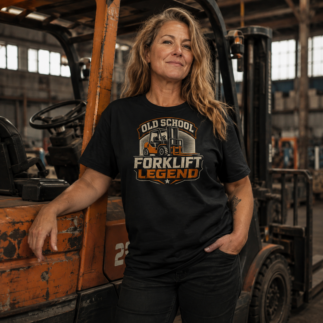 Old School Forklift Legend heavyweight T-shirt in black for forklift operators, front view