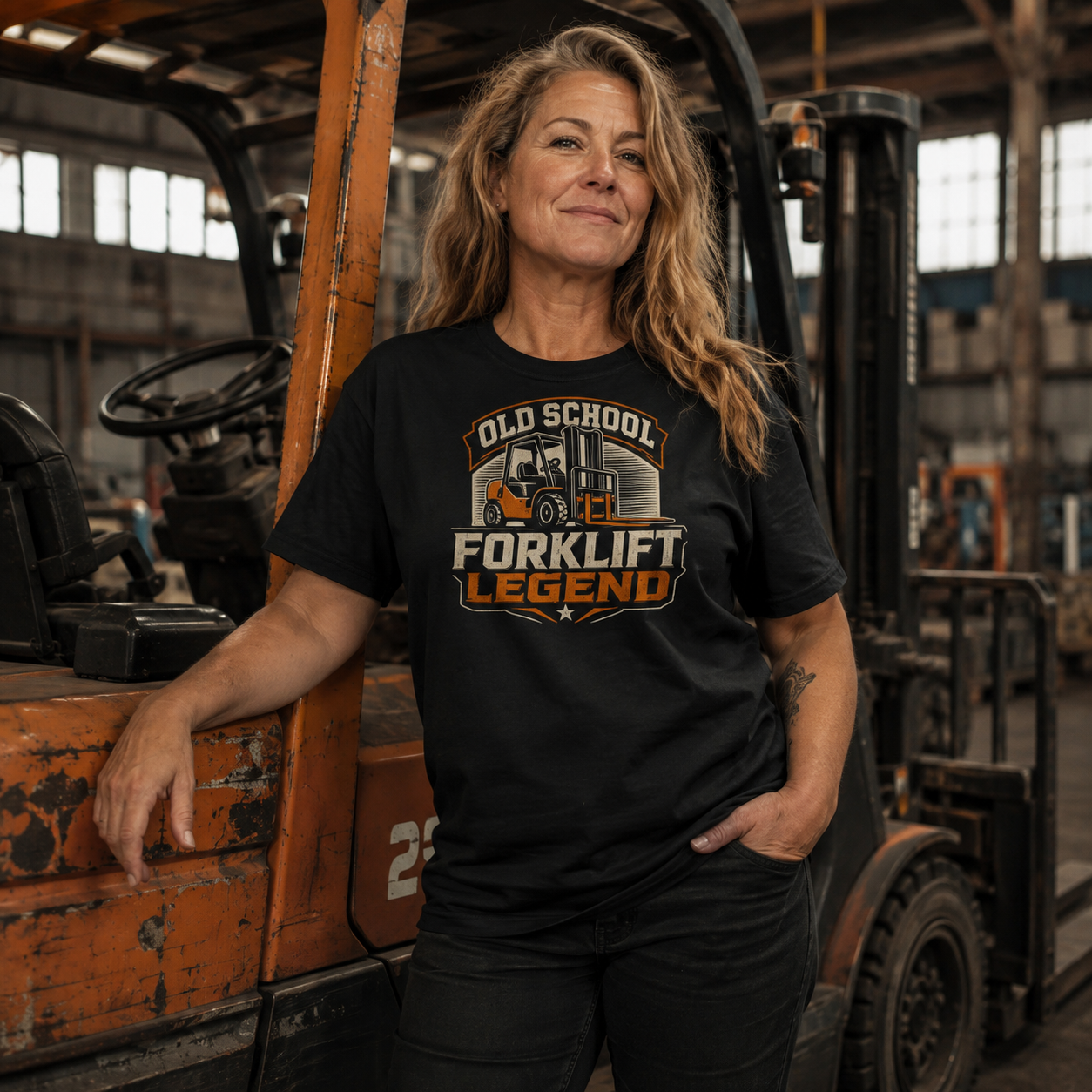 Veteran woman forklift operator wearing Old School Forklift Legend heavyweight work T-shirt