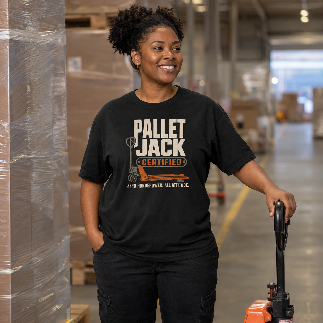 Woman warehouse worker wearing Pallet Jack Certified Zero Horsepower heavyweight T-shirt