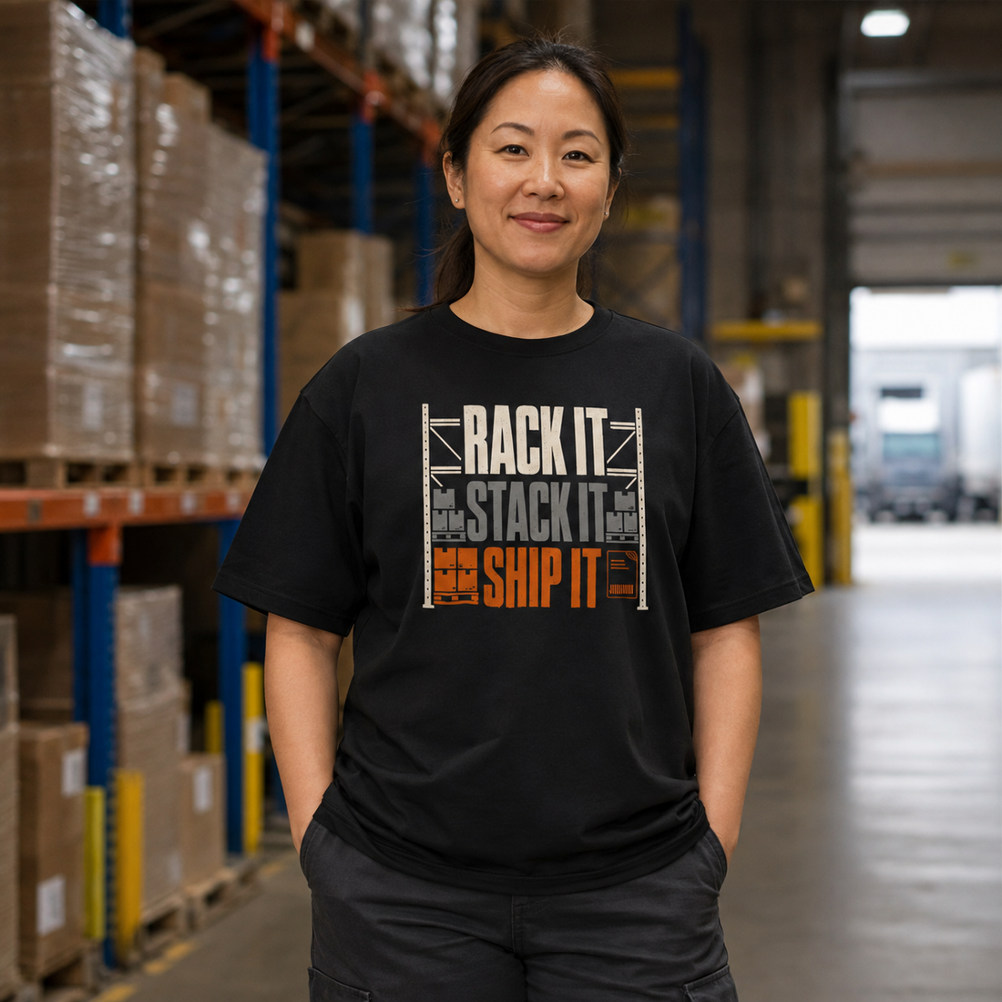 Rack It Stack It Ship It warehouse worker heavyweight T-shirt in true navy, front view