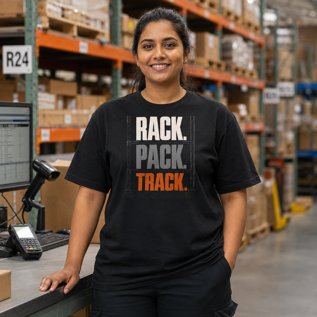 Woman inventory worker wearing Rack Pack Track warehouse logistics heavyweight T-shirt