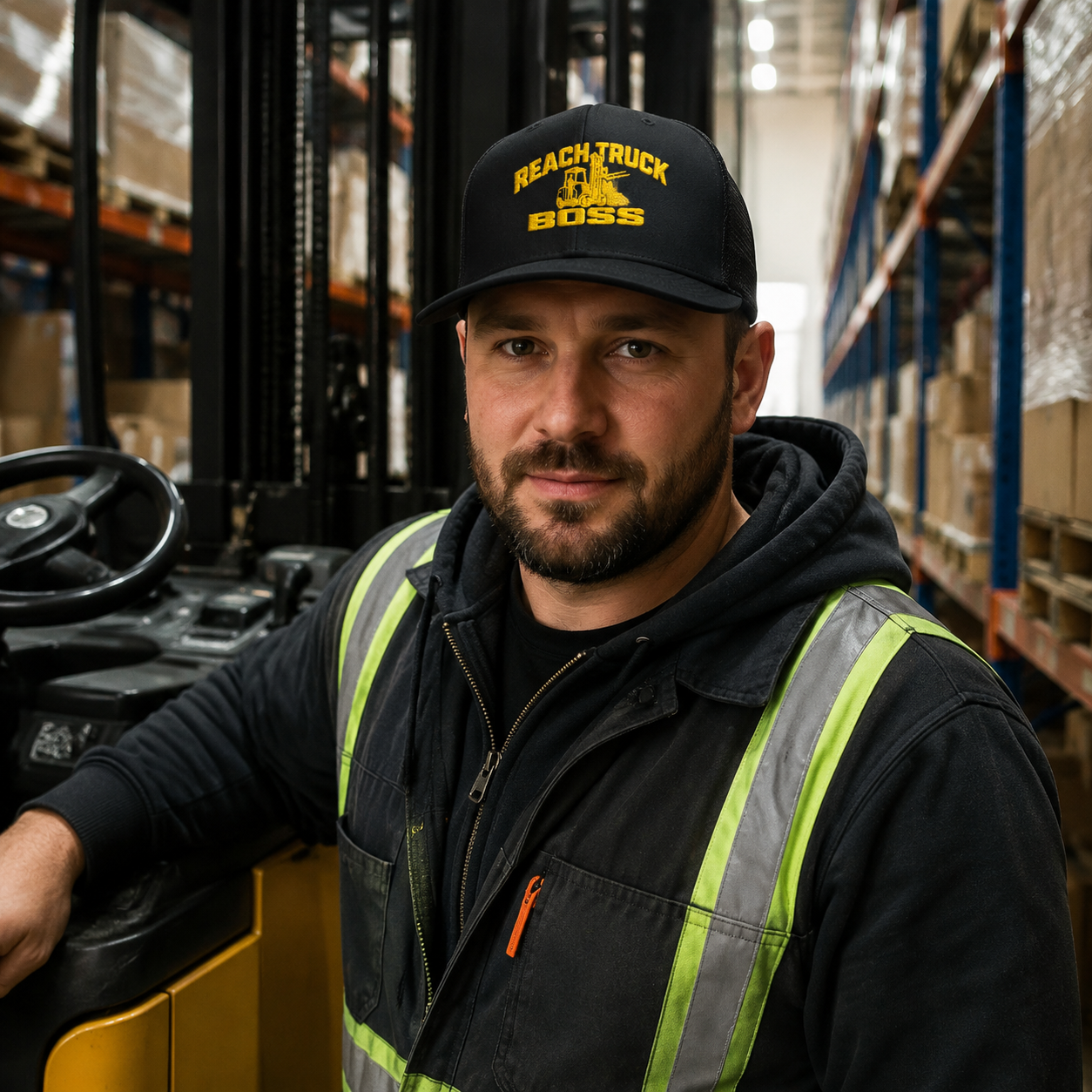Warehouse reach truck operator wearing Reach Truck Boss embroidered trucker hat