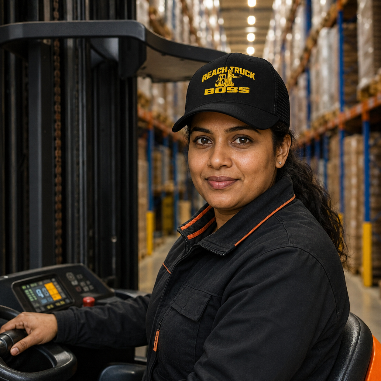 Woman reach truck operator wearing Reach Truck Boss embroidered warehouse hat