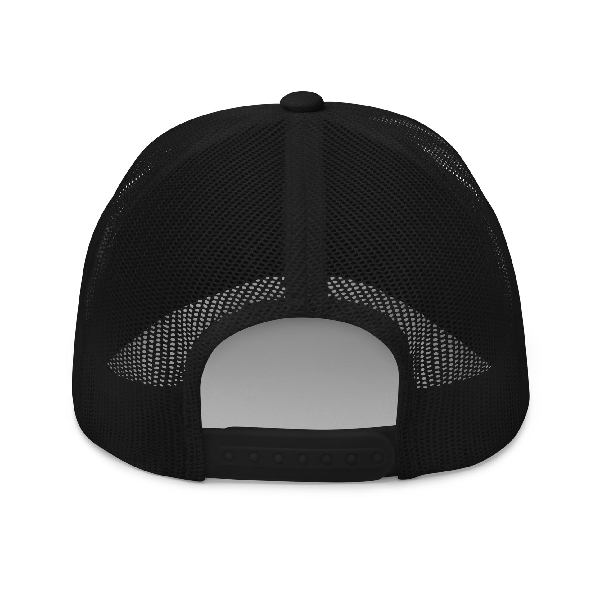 70 Hours in 8 Days black trucker hat with mesh back and snap closure