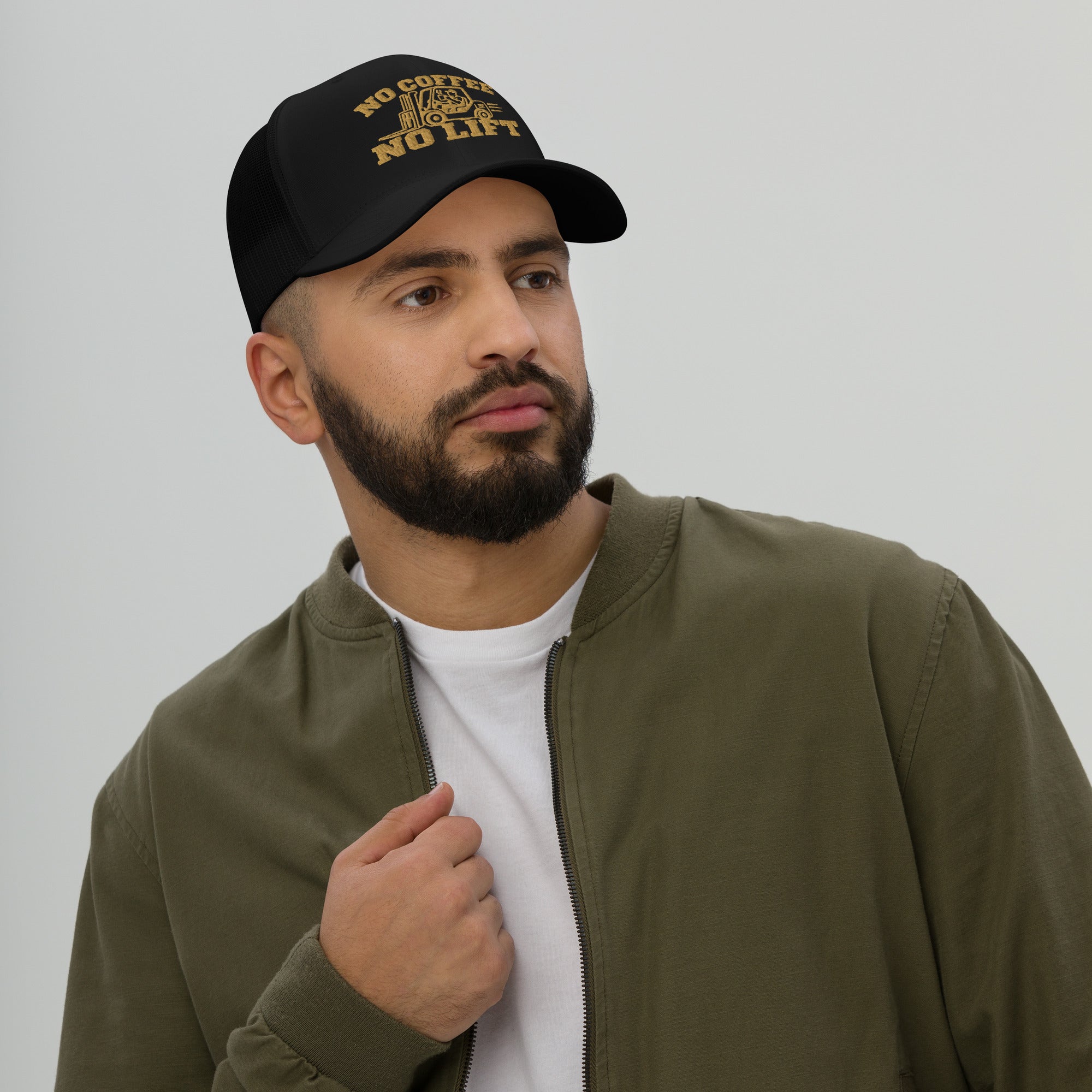 No Coffee No Lift trucker hat in black, front view showing mesh back