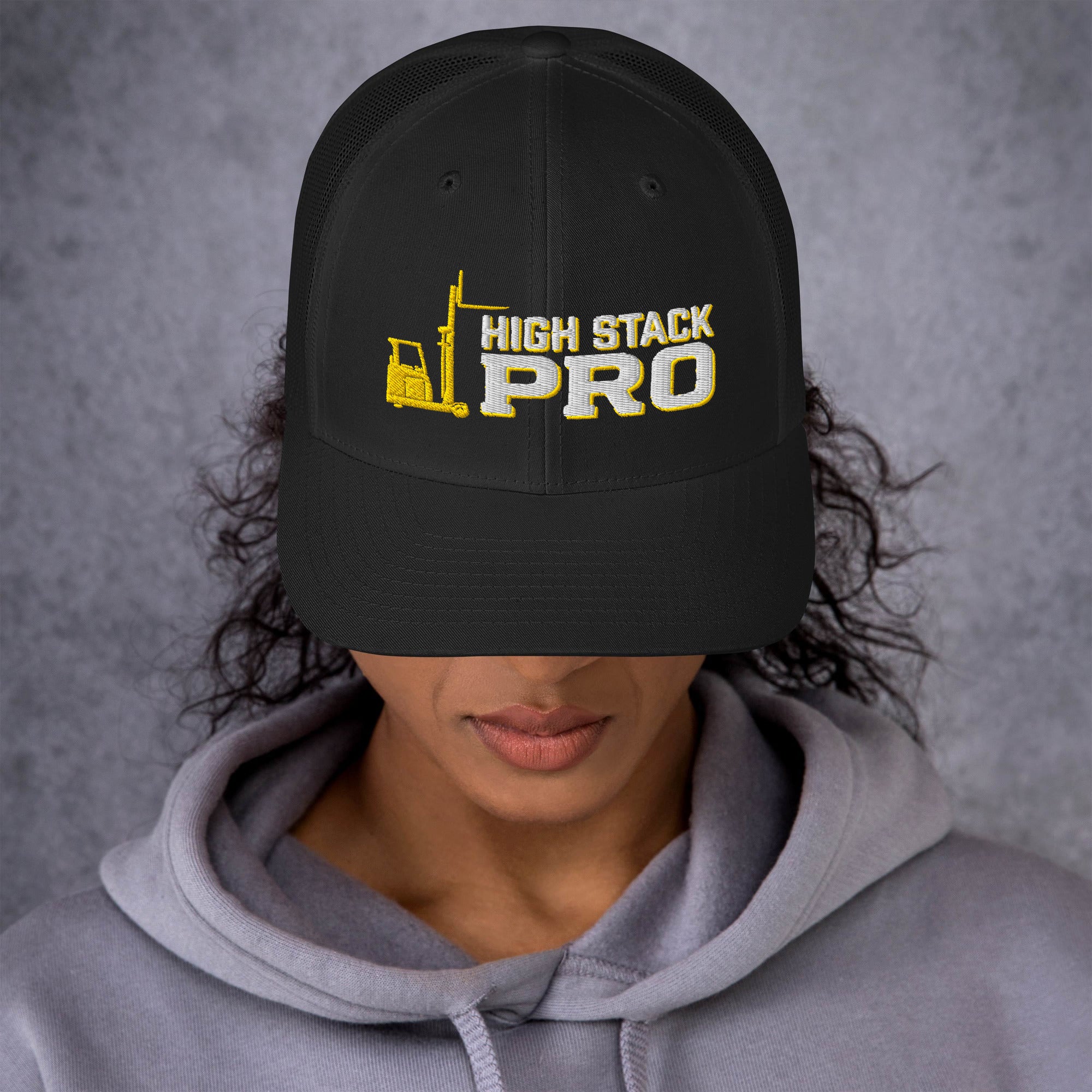 High Stack Pro reach truck driver hat in black, front view showing mesh back