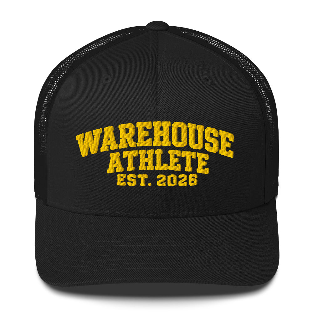 Warehouse Athlete Est. 2026 trucker hat in black, front view