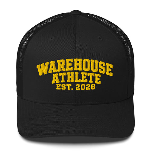 Warehouse Athlete Est. 2026 trucker hat in black, front view