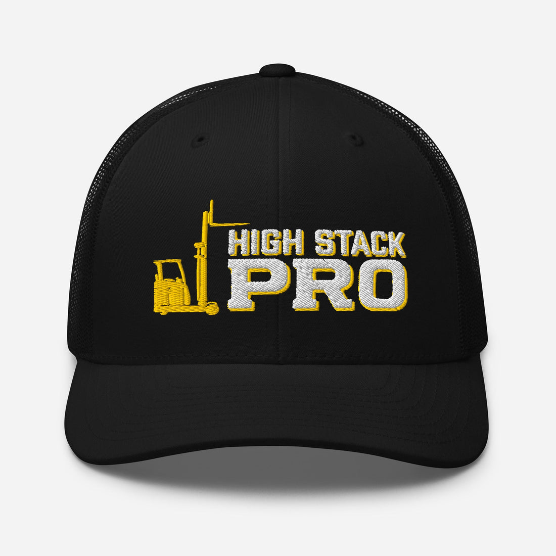 High Stack Pro embroidered forklift operator trucker hat in black, front view