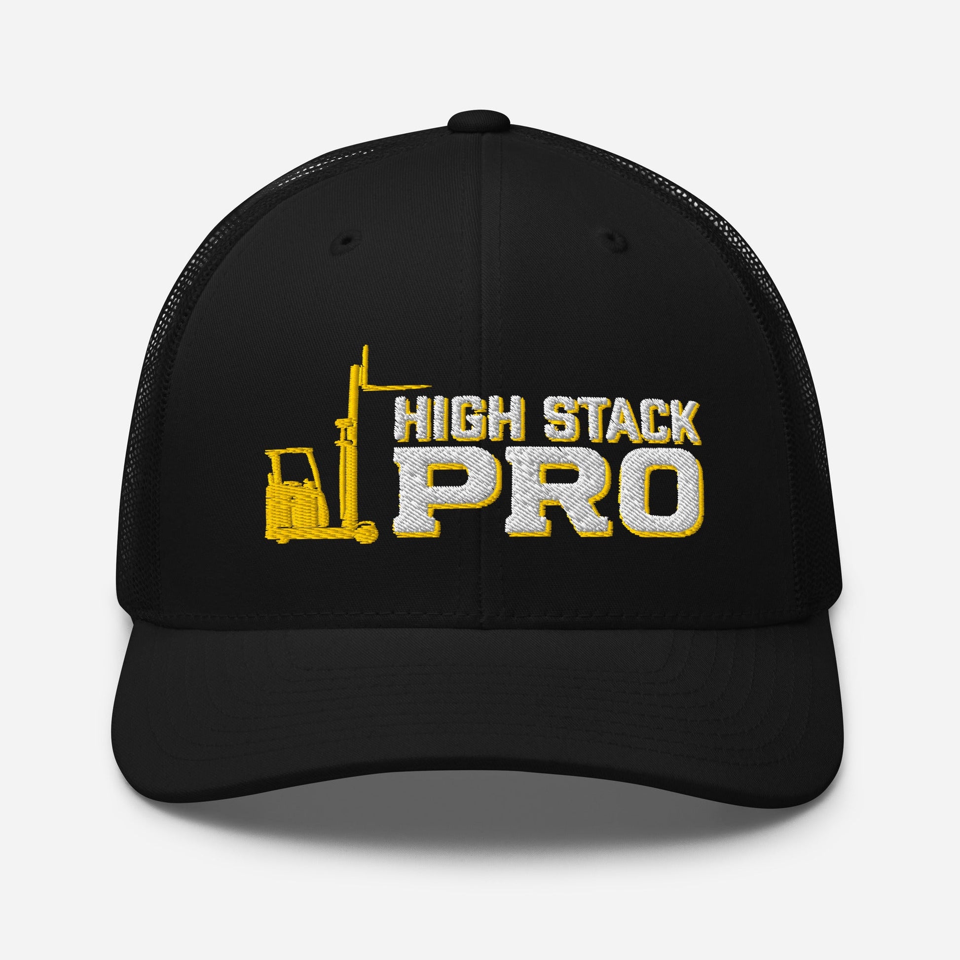 High Stack Pro embroidered forklift operator trucker hat in black, front view