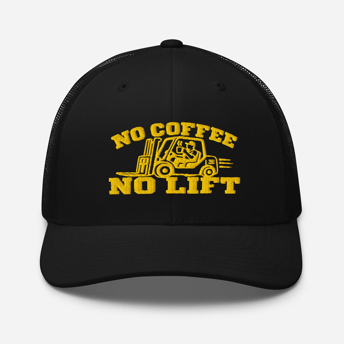 No Coffee, No Lift – Forklift Operator Embroidered Cap in black, front view