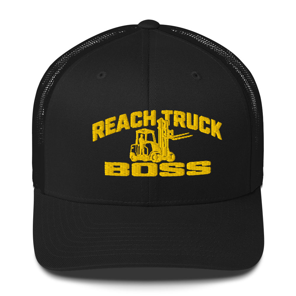 Reach Truck Boss embroidered forklift operator trucker hat in black, front view