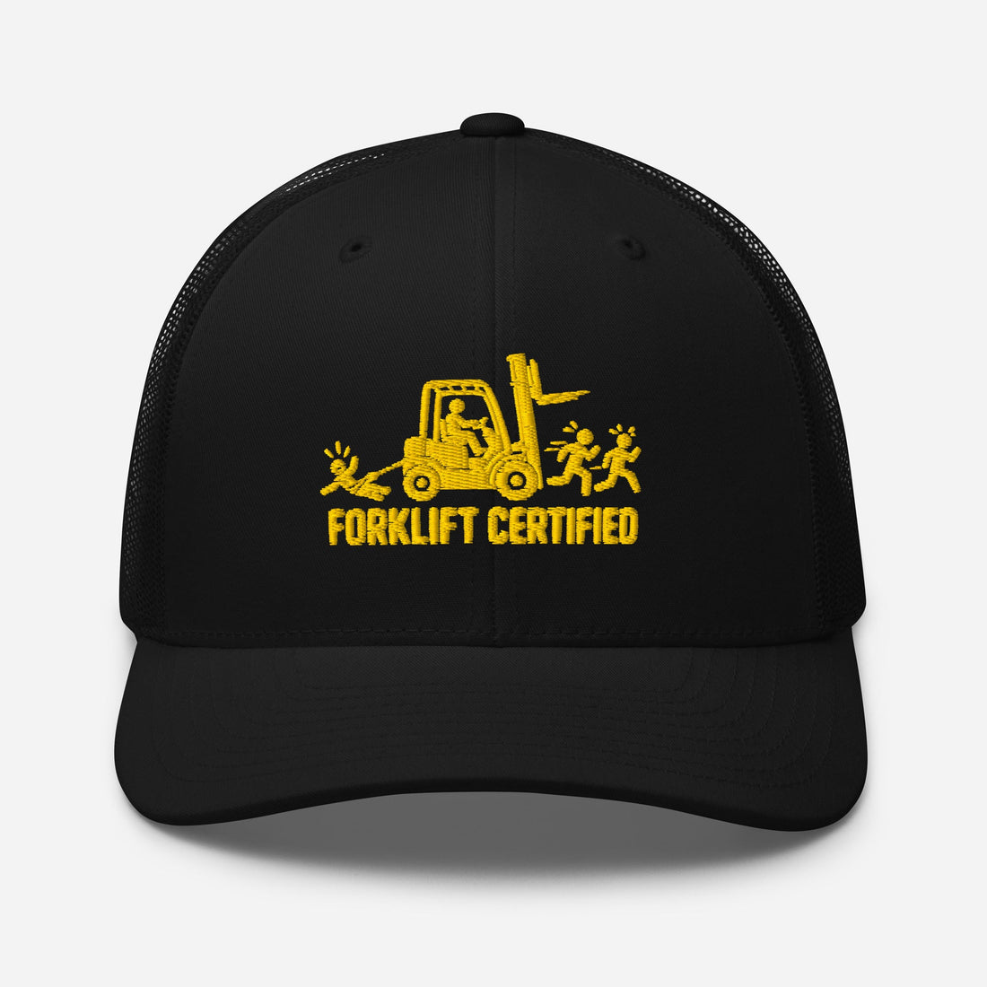 Forklift Certified embroidered trucker hat in black for warehouse operators, front view