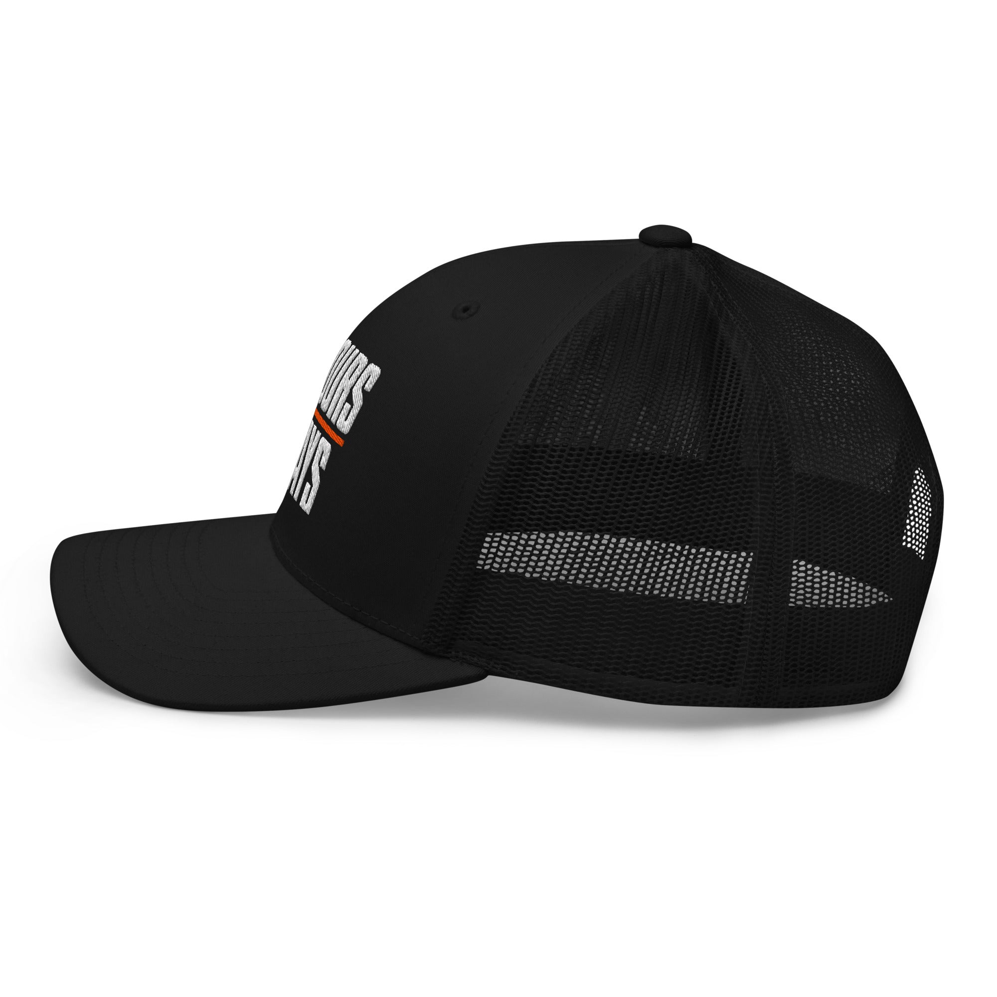 70 Hours in 8 Days black embroidered trucker hat, left side view