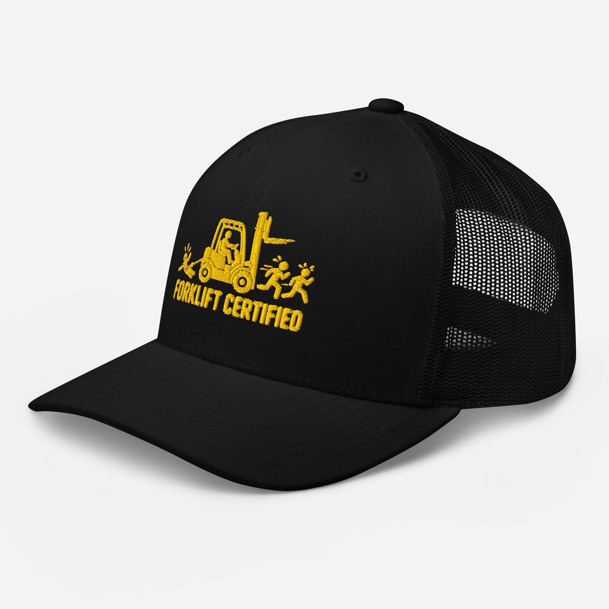 Forklift Certified black embroidered warehouse operator trucker hat, angled view