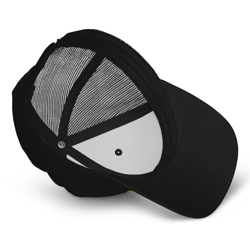 Close-up of embroidery and mesh back on Warehouse Athlete trucker hat