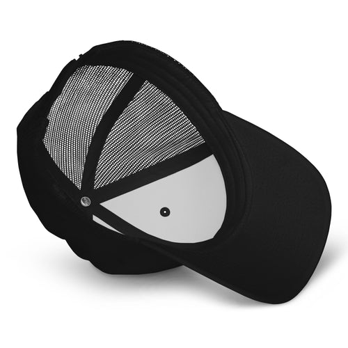Close-up of embroidery and mesh back on Pick Pack Ship trucker hat