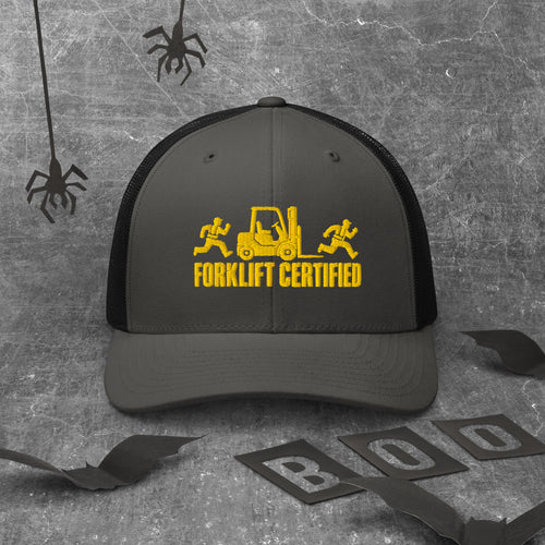 Forklift Certified trucker hat in charcoal and black, front view