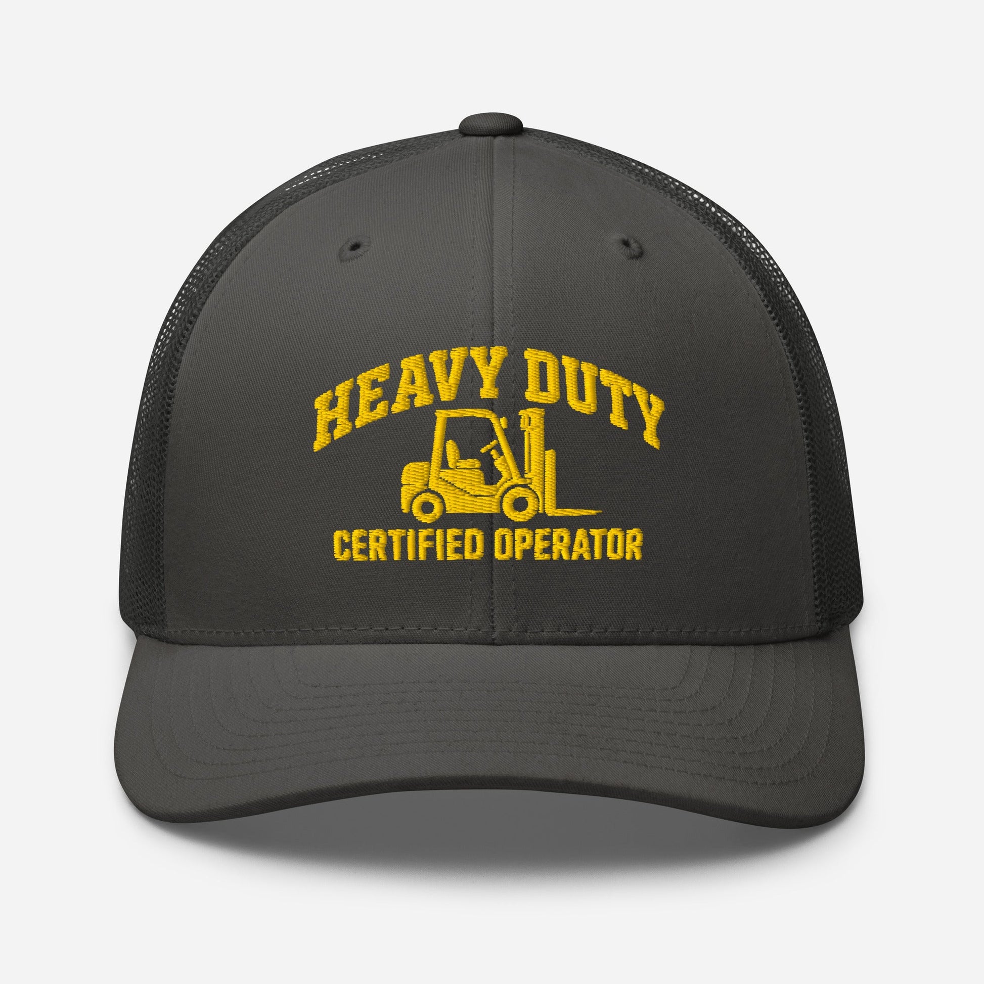 Heavy Duty Certified Operator embroidered trucker hat in charcoal, front view