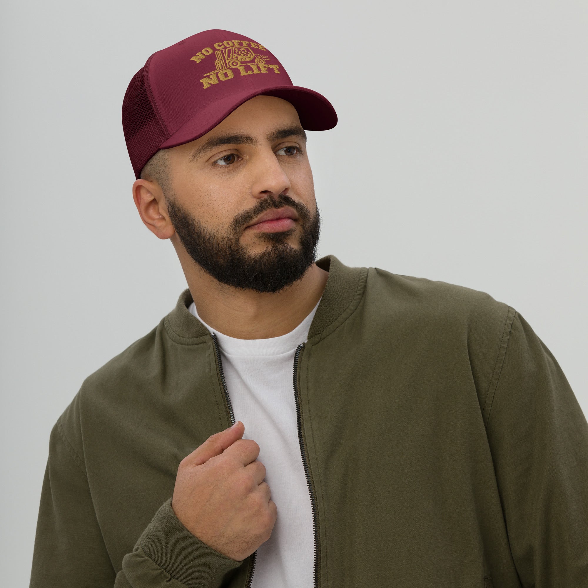 No Coffee No Lift forklift operator trucker hat in cranberry, front view