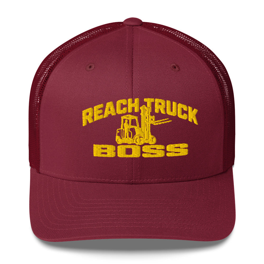 Reach Truck Boss embroidered forklift operator trucker hat in cranberry, front view
