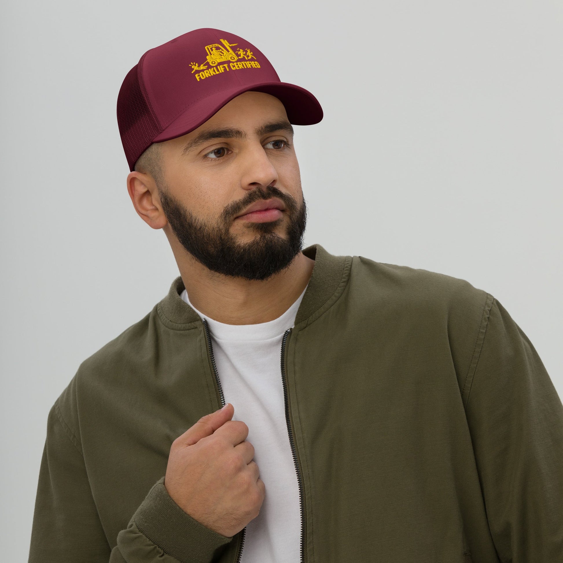 Forklift Certified embroidered warehouse operator trucker hat in cranberry, front view