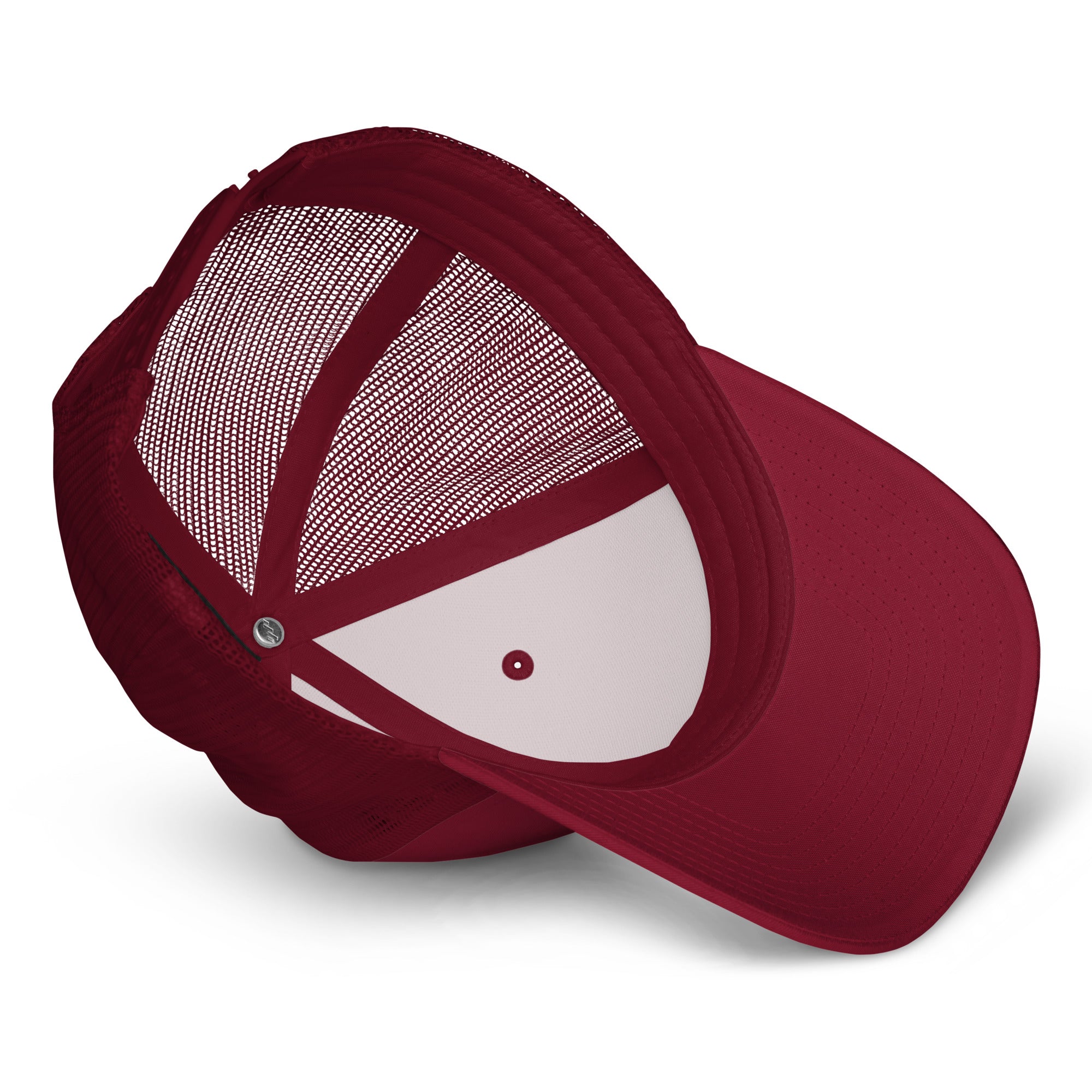 Close-up of embroidery on cranberry No Coffee No Lift trucker hat