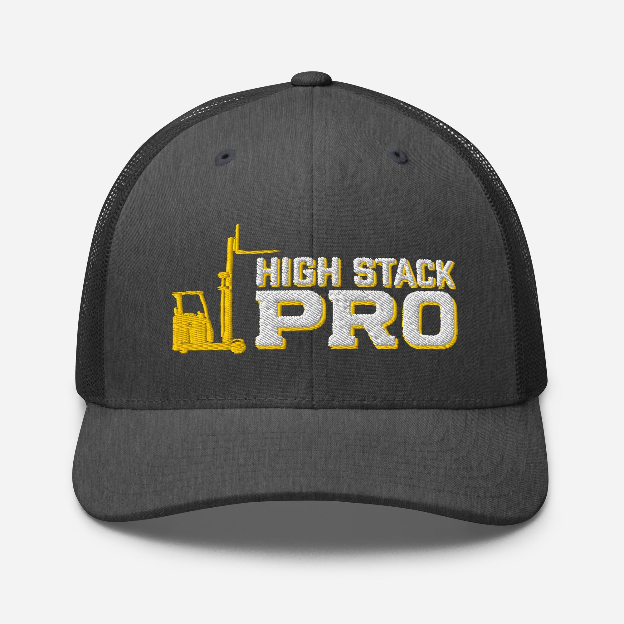 High Stack Pro embroidered forklift operator hat in dark heather gray, front view