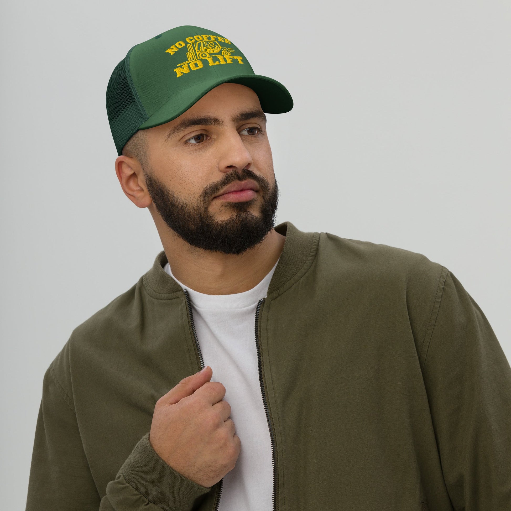 No Coffee, No Lift – Forklift Operator Embroidered Cap in evergreen, front view