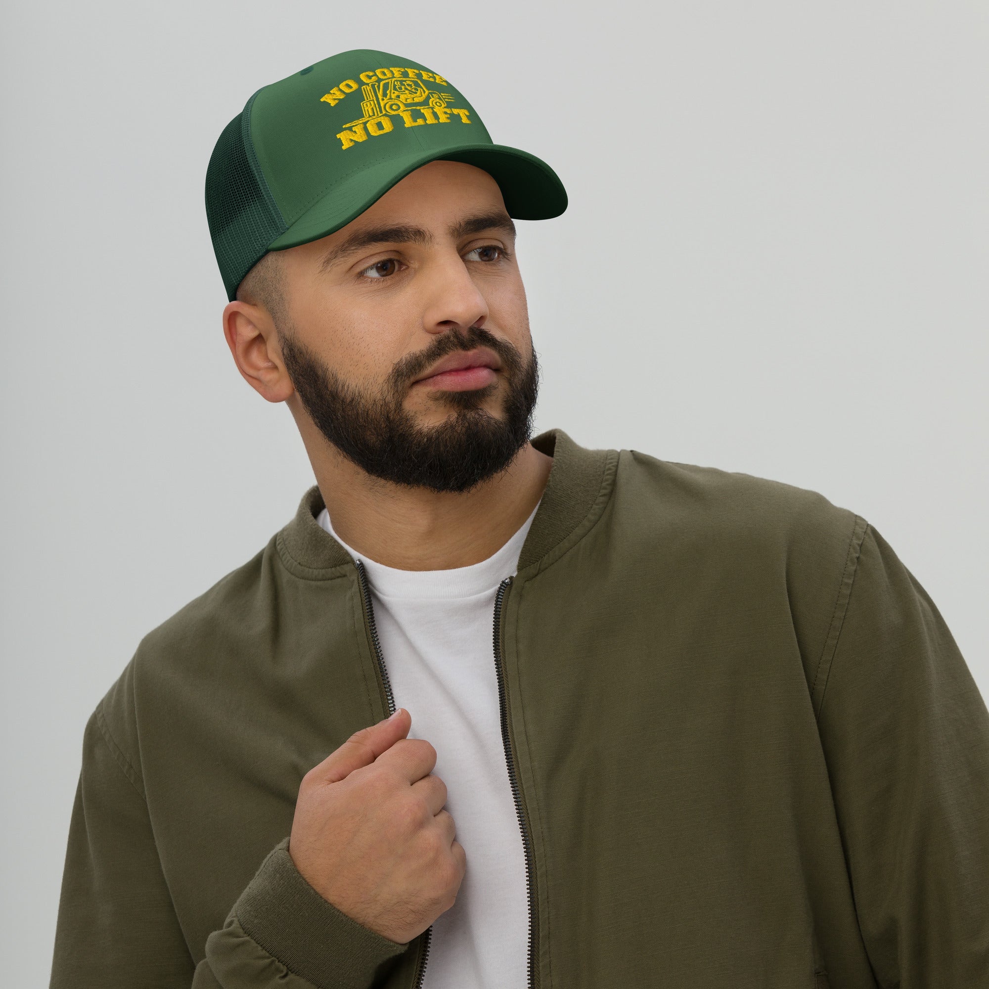 No Coffee, No Lift – Forklift Operator Embroidered Cap in evergreen, front view
