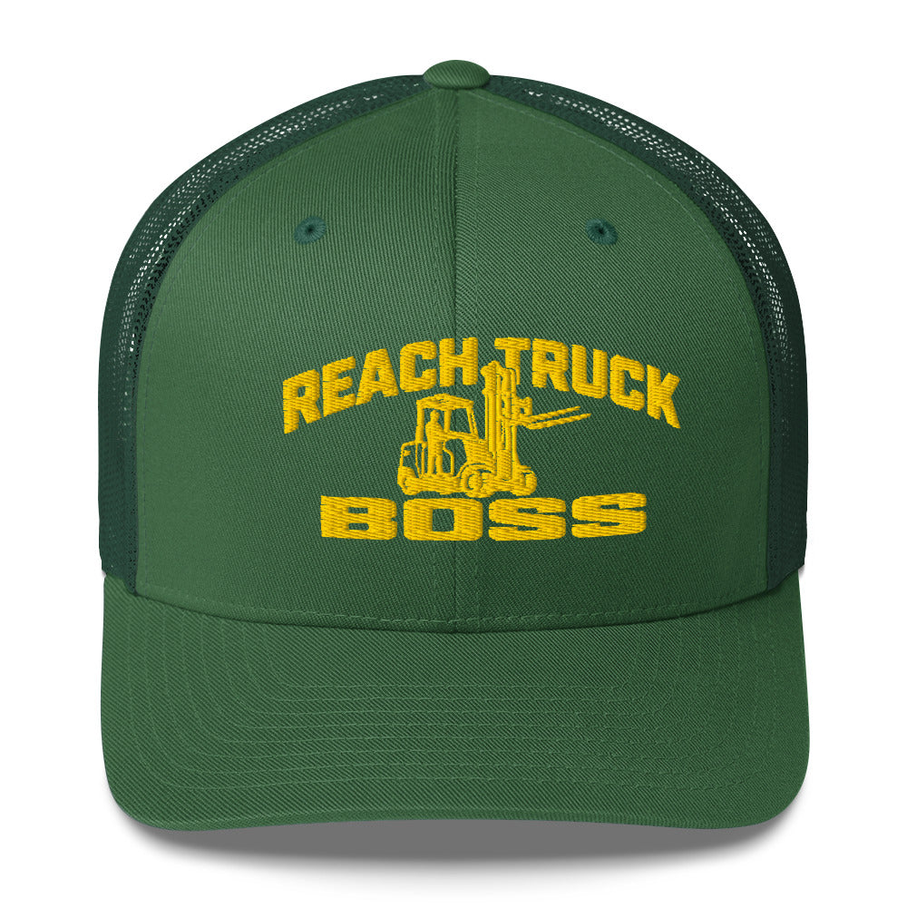 Reach Truck Boss embroidered forklift operator trucker hat in evergreen, front view