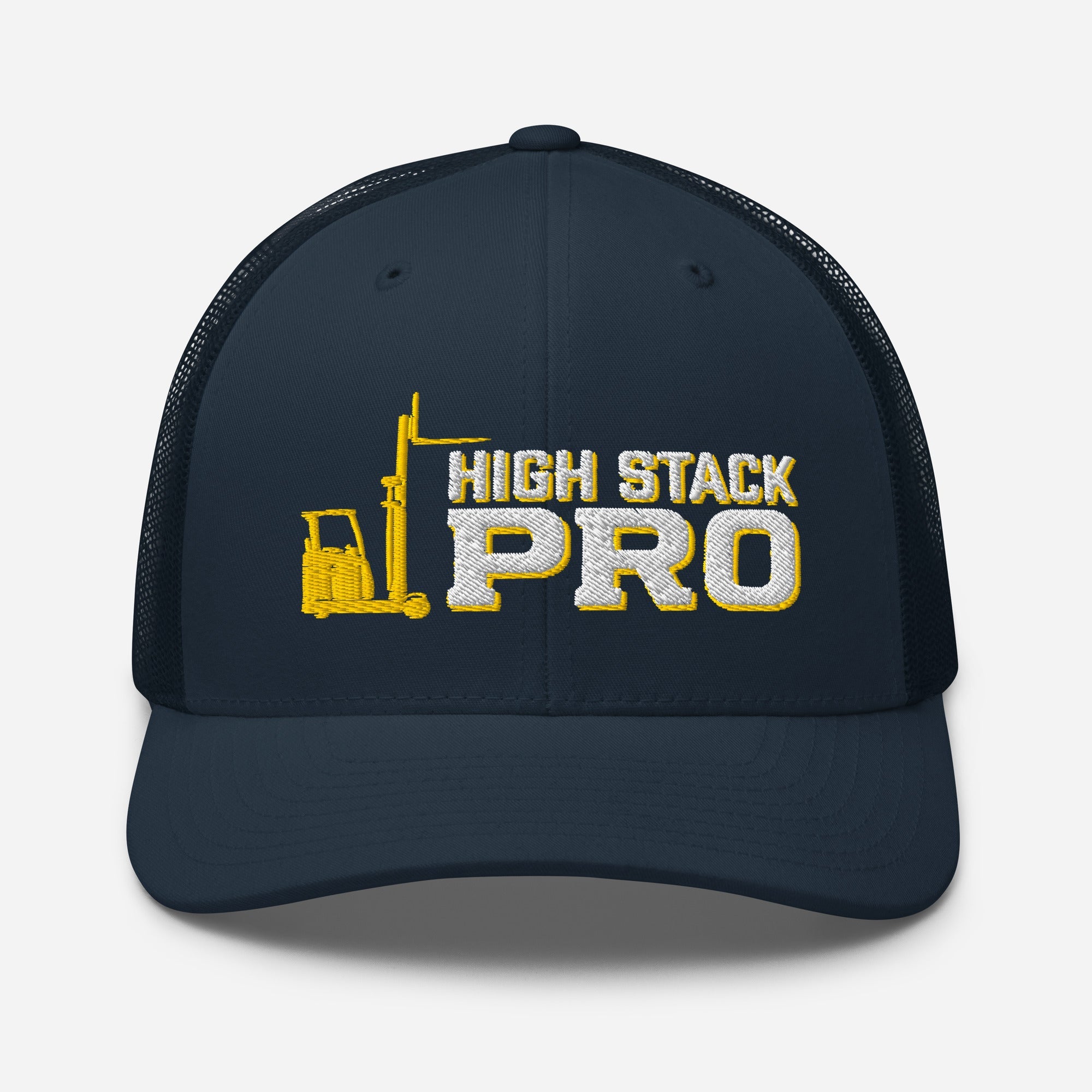 High Stack Pro embroidered forklift operator trucker hat in navy, front view