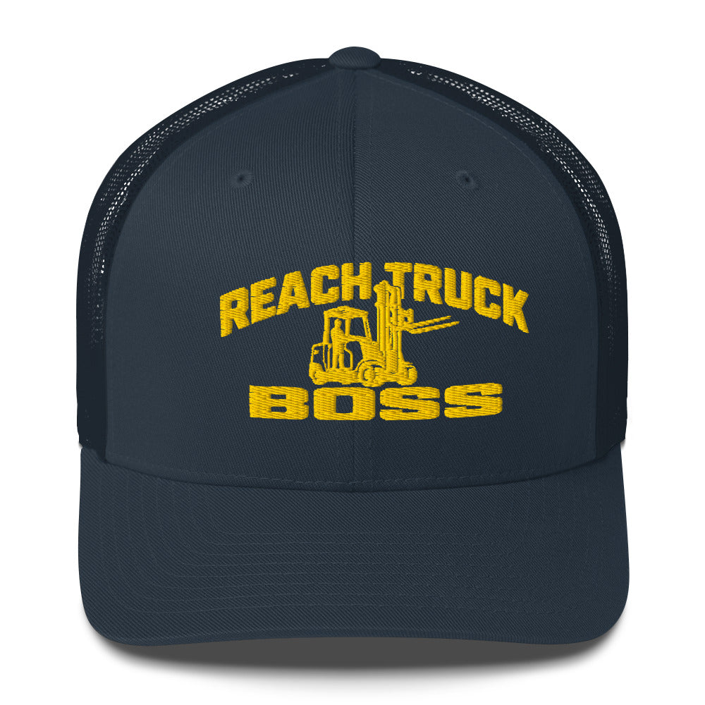 Reach Truck Boss embroidered forklift operator trucker hat in navy, front view
