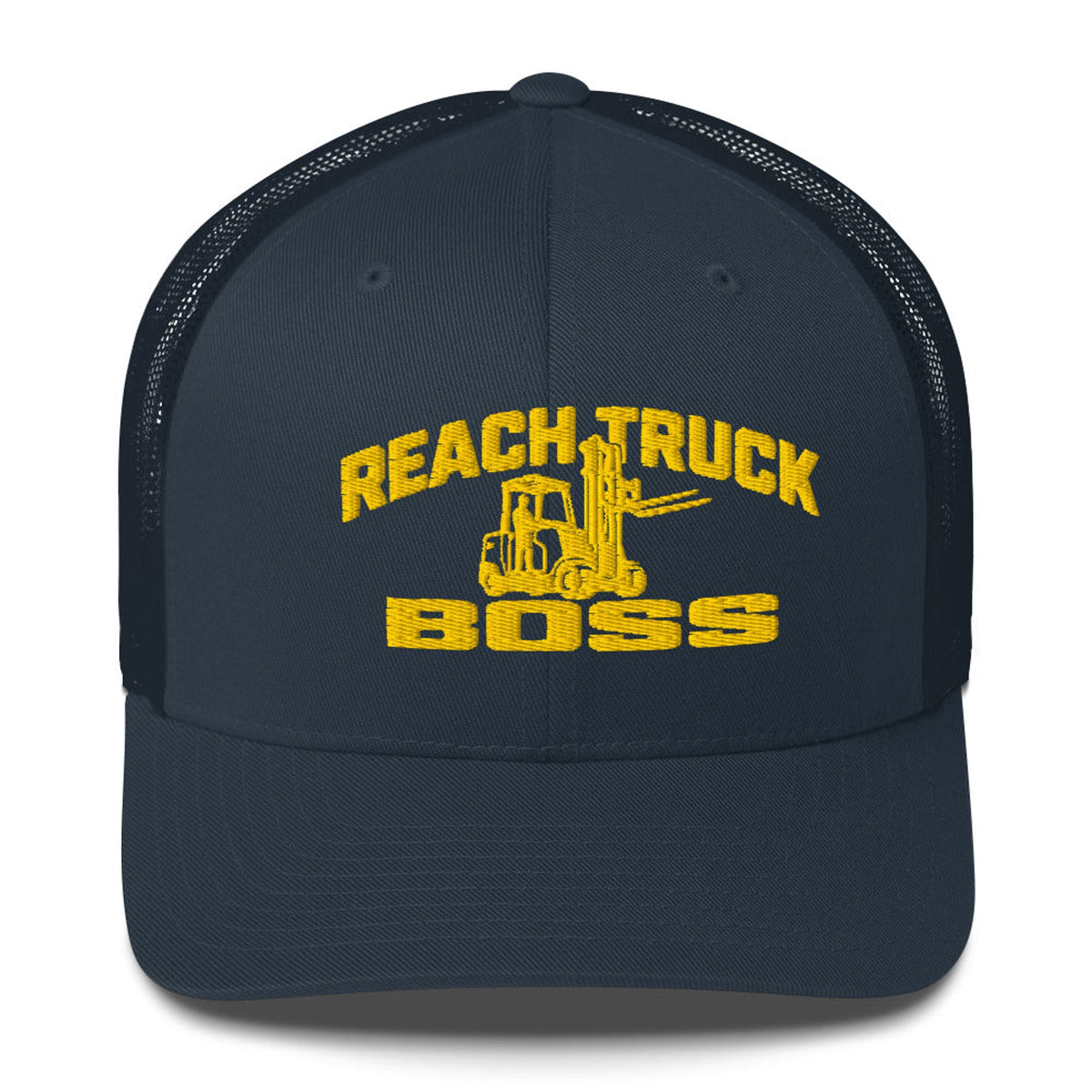 Reach Truck Boss embroidered trucker hat in Navy with yellow reach truck graphic and matching mesh back