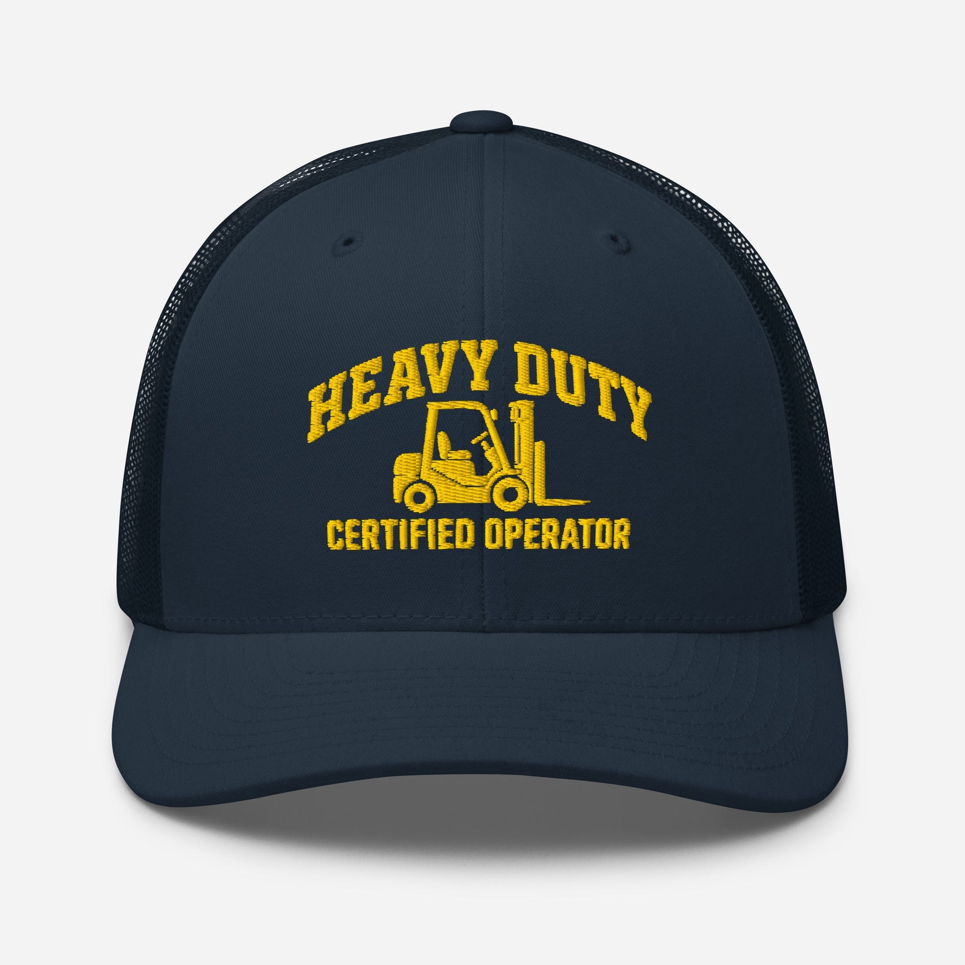 Heavy Duty Certified Operator embroidered trucker hat in navy, front view