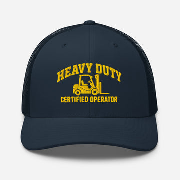 Heavy Duty Certified Operator embroidered trucker hat in navy, front view