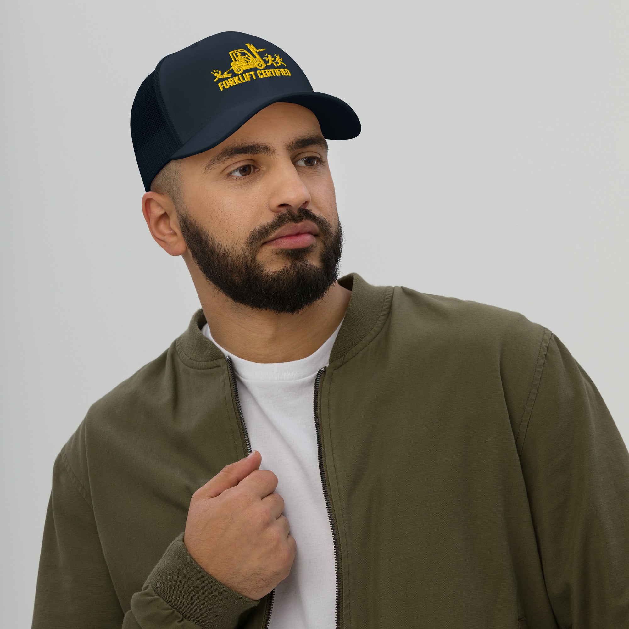 Forklift Certified embroidered warehouse operator trucker hat in navy, front view