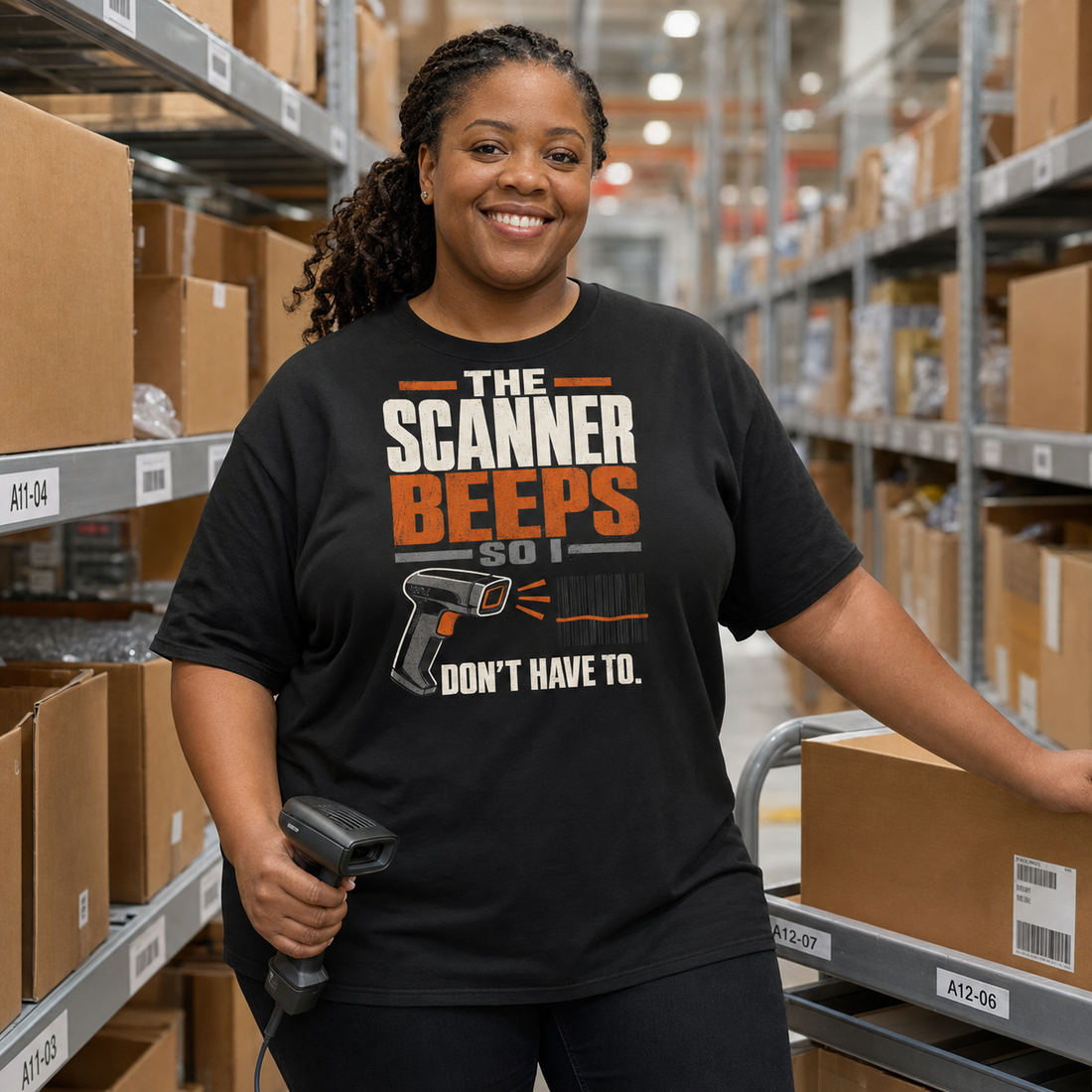 The Scanner Beeps So I Don't Have To warehouse worker heavyweight T-shirt in black, front view