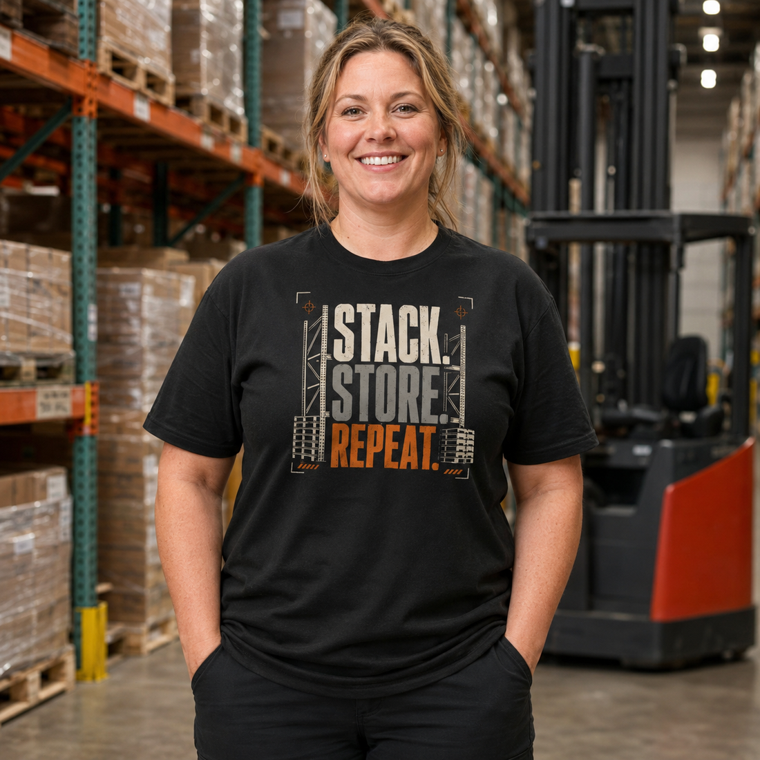 Stack Store Repeat warehouse worker heavyweight T-shirt in black, front view