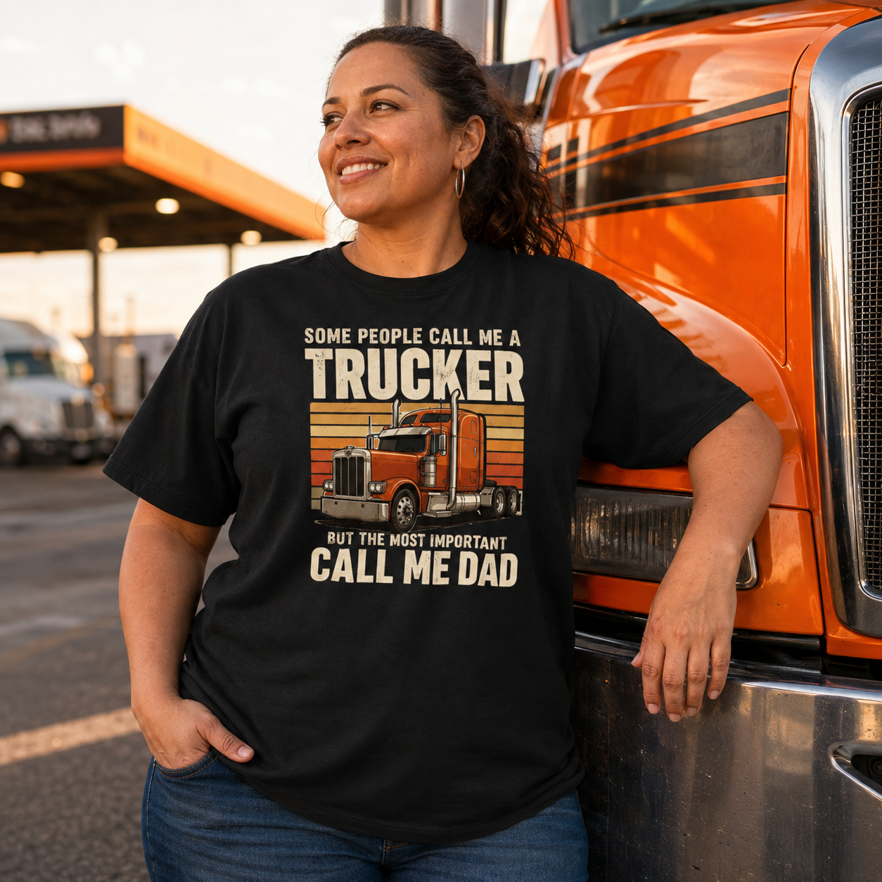 Woman truck driver modeling Some Call Me a Trucker Call Me Dad heavyweight T-shirt