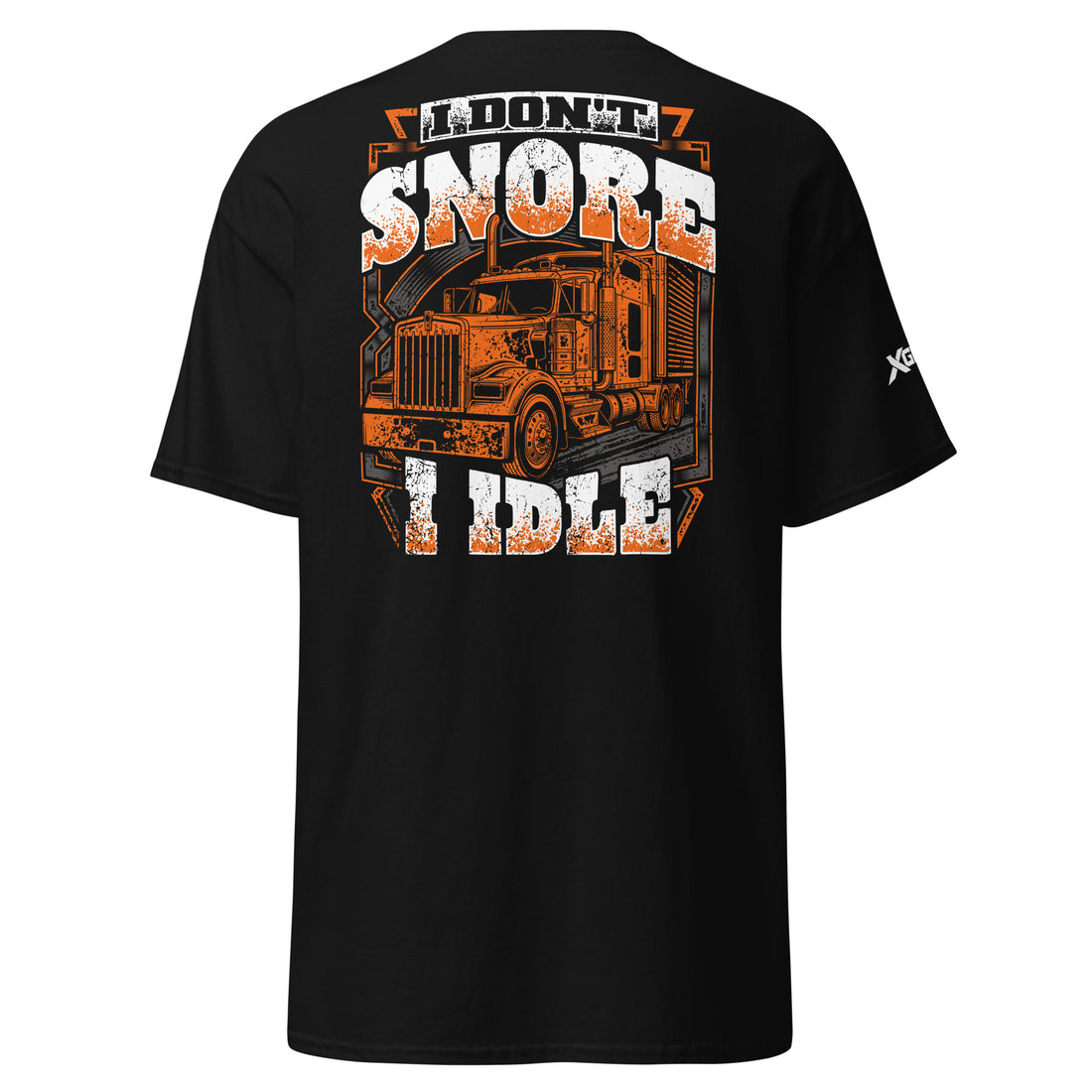 I Don't Snore I Idle trucker T-shirt in black, back semi-truck graphic