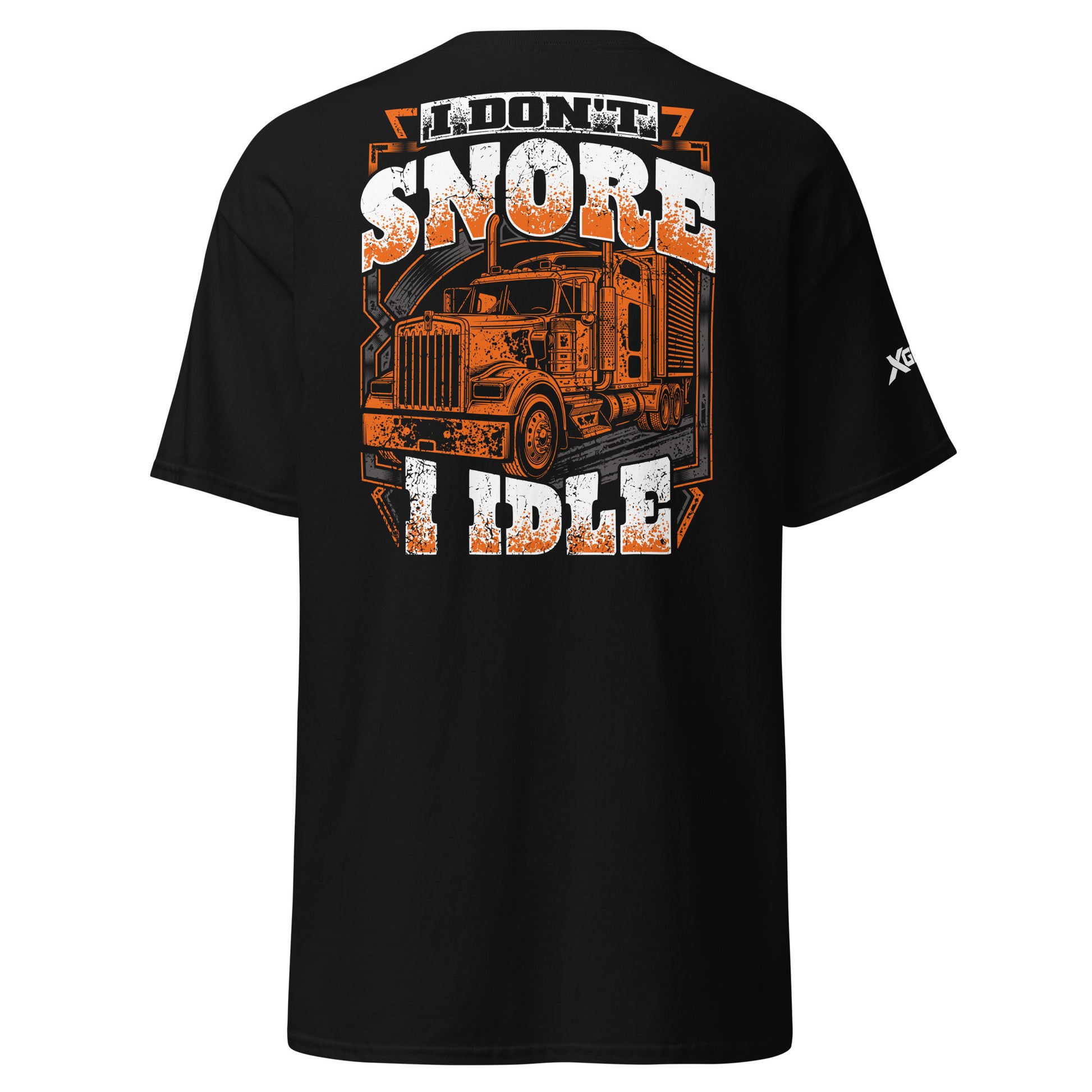 I Don't Snore I Idle trucker T-shirt in black, back semi-truck graphic