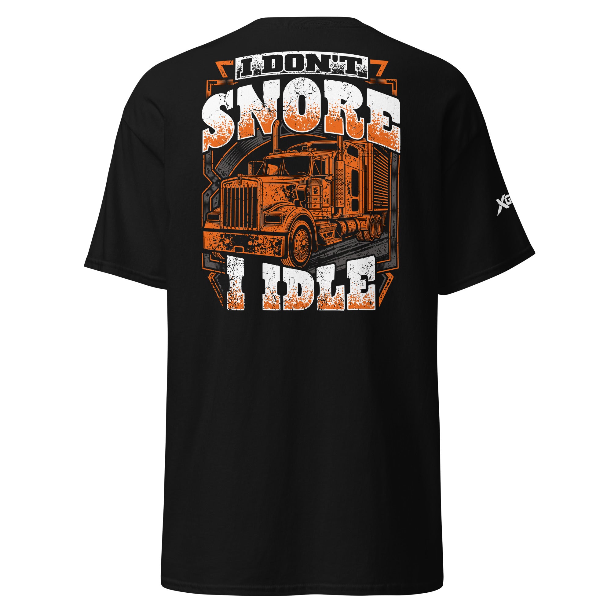 I Don't Snore I Idle trucker T-shirt in black, back semi-truck graphic