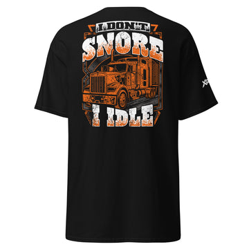 I Don't Snore I Idle trucker T-shirt in black, back semi-truck graphic