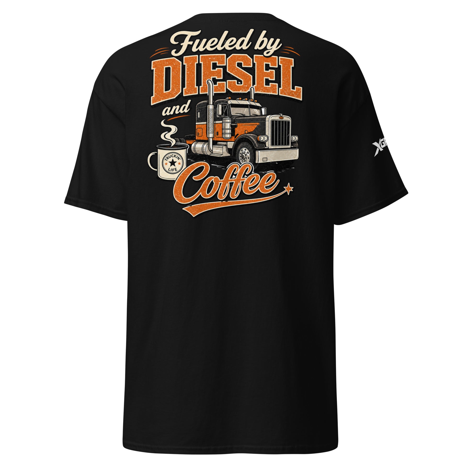 Fueled by Diesel and Coffee trucker T-shirt in black, back semi-truck graphic