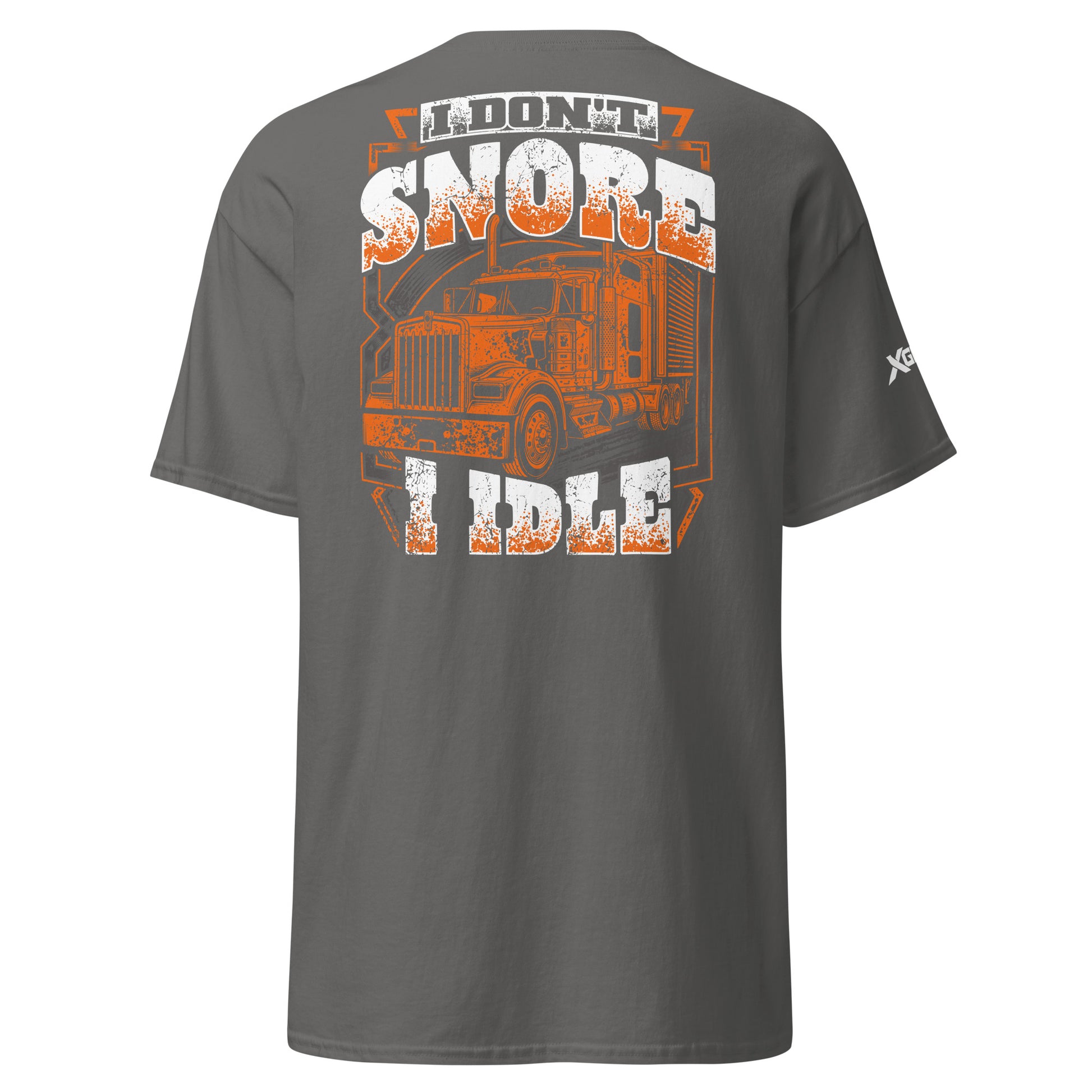 I Don't Snore I Idle trucker T-shirt in charcoal, back semi-truck graphic