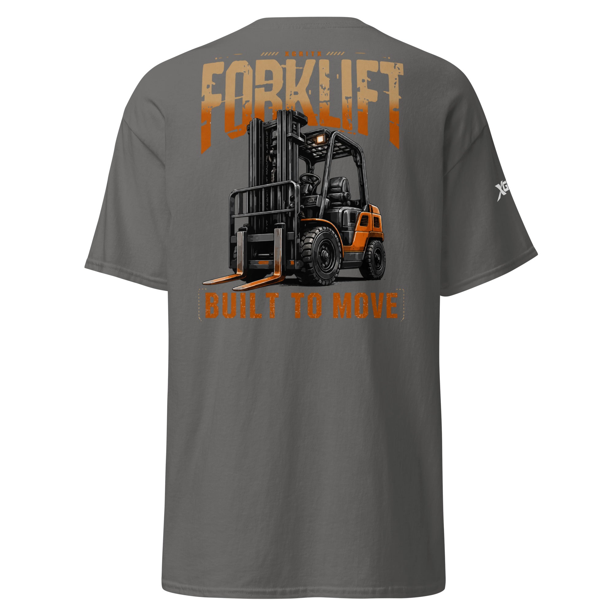 Built to Move forklift operator T-shirt in charcoal, back graphic view
