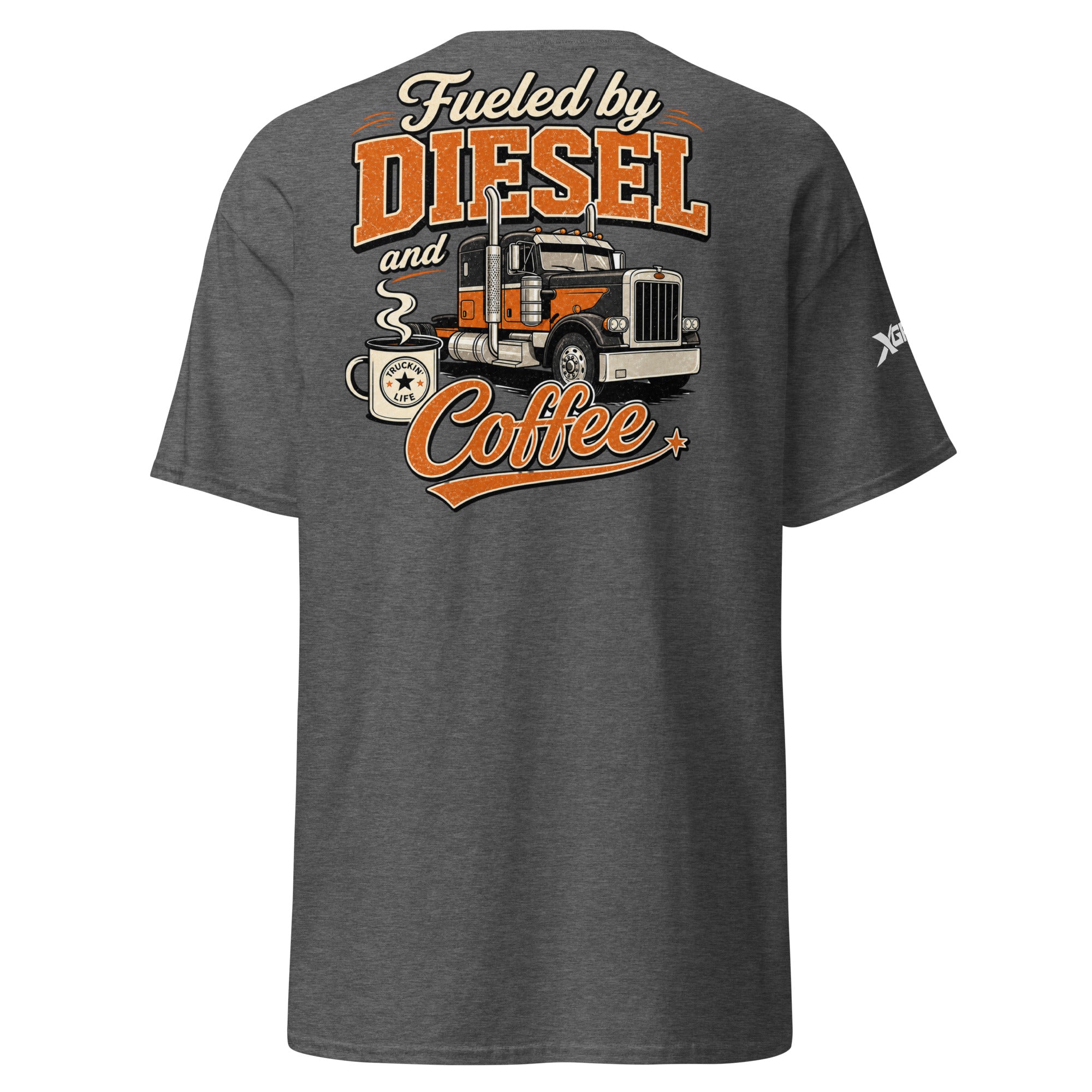Fueled by Diesel and Coffee trucker T-shirt in dark heather, back graphic