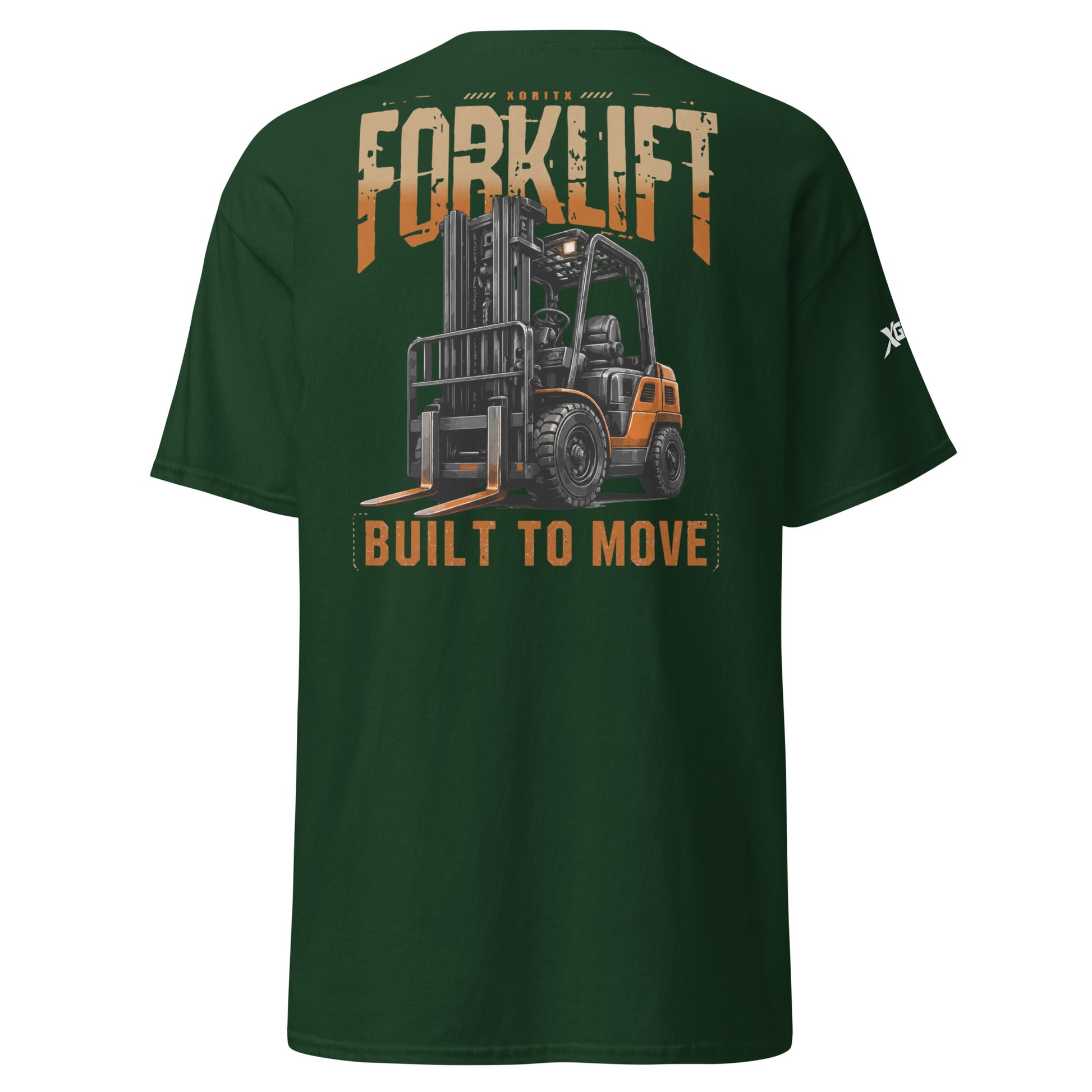 Built to Move forklift operator T-shirt in forest green, back graphic view